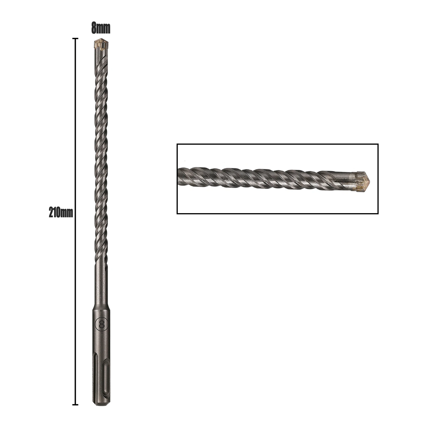 SDS Plus 8 mm grąžtas turėklų statramsčių tvirtinimui į betoną